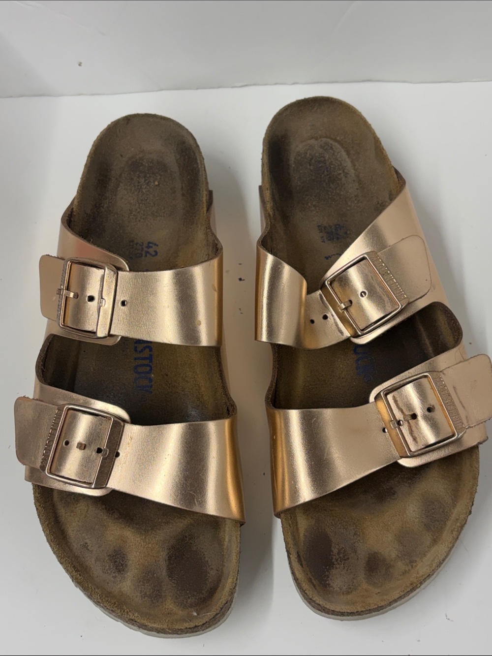 Used Birkenstock Metallic Rose Gold Double-Buckle Sandals Womens size 42